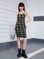 Plaid Ruched Knot Side Cami Bodycon Dress