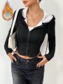 Women's Black Fishbone Stitching Drawstring Hooded Slim Fit Short Jacket