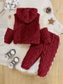 SHEIN 2pcs Baby Boys' Plush Teddy Bear Embroidery Color Block Hooded Sweatshirt And Elastic Waist Long Pants Set