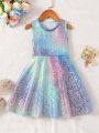 SHEIN Kids Y2Kool Young Girl Sweet & Cool Laser Colored Printing Sleeveless A-Line Dress For Spring/Summer