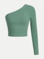 Teenage Girls' Knitted Monochrome One Shoulder Long Sleeve Ribbed Knit Casual T-Shirt