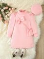 SHEIN Kids EVRYDAY Young Girl Cute Pink Bubble Sleeve Dress + Bowknot Purse + Hat