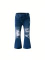 Baby Girls' Vintage Flared Jeans With Distressed Hem, Unique Design And Slanted Waist