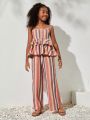 SHEIN Kids Cooltwn Tween Girls' Everyday Casual Spring/Summer Woven Multicolored Stripe Cami & Pants Set