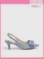 Everyday Collection Women Bow Decor Cone Heeled Slingback Pumps, Fashion Blue Pumps