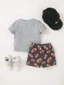 SHEIN Unisex Baby Boy Cartoon Patterned Collared Short Sleeved Top And Casual Shorts Two-Piece Set