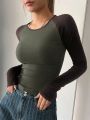 DAZY Spring Round Collar Stretchy Color Block Patch Shoulder Raglan Long Sleeved T-Shirt