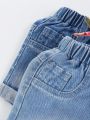 2pcs/Set Basic And Versatile Floral Bowknot Rolled Cuff Denim Shorts For Baby Girls