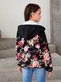 SHEIN Tween Girl Floral Print Zip Up Hooded Jacket
