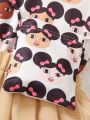 Young Girls' Cartoon Character Printed Round Neck Short Sleeve T-Shirt And Pleated Half Skirt Two Piece Set