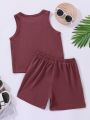 SHEIN Kids EVRYDAY Young Boy Casual And Comfortable Letter Printed Vest And Shorts Set