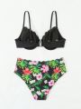 SHEIN Swim Vcay Women'S Two-Piece Bikini Set With Steel Ring And Tropical Plant Print