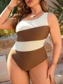 SHEIN Swim Vcay Plus Size Colorblock Asymmetric Neck One-Piece Swimsuit