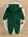 SHEIN Baby Boys' Christmas Reindeer Embroidered Colorblock Hooded Fleece Jumpsuit