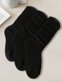 3 Pairs Black Basic Solid Color Pile Socks, Mid-calf Length