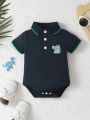 Baby Boy Cartoon Patched Polo Neck Contrast Binding Bodysuit