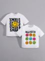 SHEIN Kids EVRYDAY Toddler Boys' 2pcs/Set Cartoon Smiling Face & Letter Print Short Sleeve T-Shirt
