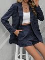 SHEIN LUNE Ladies' Stripe Suit Set With Long Sleeve Blazer And Shorts