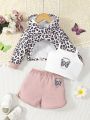 Baby Girl Leopard Pattern Cropped Hoodie + White Camisole Top + Sports Shorts Three-Piece Set