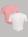 SHEIN Teen Girl 2pcs Pure Color Ribbed & Floral Pattern Irregular Hem Casual T-Shirt Set