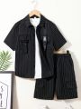 SHEIN Kids EVRYDAY Tween Boys' Loose Fit Casual Striped Short Sleeve Shirt And Shorts Outfit With Turn-Down Collar