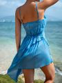 SHEIN Swim Mod Women's Solid Color Plisse Frill Trim Spaghetti Strap Cover-Up Dress