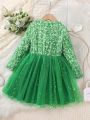 Little Girls' Glamorous & Romantic Round Neck Long Sleeve Dress With Shining Sequins, Mesh Patchwork & 3d Bow, Autumn, Perfect For Birthday Party & Dance
