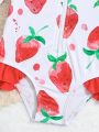 Infant Girls' Strawberry Printed One-piece Swimsuit With Ruffle Hem
