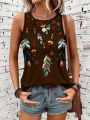 SHEIN LUNE Feather Printed Casual Tank Top With Round Neckline
