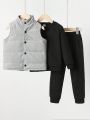 SHEIN Kids EVRYDAY Little Boys' Button Front Vest Round Neck Sweatshirt And Pants Set