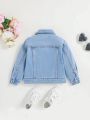 SHEIN Young Girls' Spring New Arrival Lovely Floral Embroidered Denim Jacket