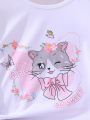 SHEIN Kids FANZEY Big Girl Fairy Cute Bow Cat T-Shirt And Mesh Skirt Set