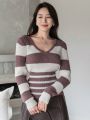 DAZY Women's V-neck Striped Colorblock Sweater
