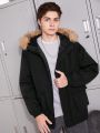 SHEIN Teen Boy Zip Up Fuzzy Trim Hooded Winter Coat