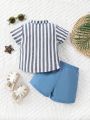 Baby Boy Stand Collar Striped Short Sleeve Shirt And Shorts Set