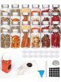 24pcs 4oz Glass Spice Jars, Bottles, Square Seasoning Containers with 120 Labels, 96 Silver Metal Caps and Pour/Sift Shaker Lid, 2 Silicone Collapsible Funnels, 2 pens and 1 Brush Included