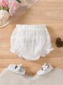 Baby Girl'S Floral Embroidery Detailing Shorts With Ruffled Hem
