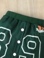 SHEIN Kids EVRYDAY Little Girls' Long Sleeve Button-Up Baseball Jacket And Number Print Elastic Waist Half Skirt Set