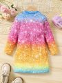 SHEIN Kids CHARMNG Young Girl Cute Unicorn Ombre Sequin Effect Printed Dress