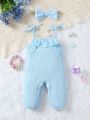 Baby Girls' Cool Solid Color Sleeveless Jumpsuit With Bowknot & Ruffled Hem For Summer