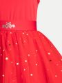 Girls' Lovely Glitter Star Mesh Puffy Dress For Daily Wear, Spring & Summer