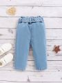SHEIN Baby Girls' Cute Casual Tapered Jeans With Distressed Details And Bowknot