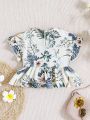 SHEIN Baby Girl's Summer Holiday Style Off-Shoulder Short Sleeve Top With Floral Pattern And Ruffle Edge