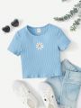 SHEIN Kids Y2Kool Young Girls' Casual Cute Flower Embroidered Short Sleeve T-Shirt