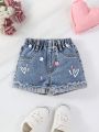 Casual And Cute Star Printed Baby Girl's Loose Denim Shorts With Comfortable Frayed Hem For Summer