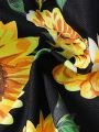 Baby Girl Casual Sunflower Printed Off-Shoulder Top And Ripped Denim Jeans