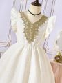 SHEIN Kids SUNSHNE Tween Girls' Floral Jacquard A-Line Dress With Ruffle Sleeves, Princess Dress