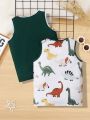 SHEIN Kids QTFun Toddler Boys' 2pcs/set Cute Comfortable Cartoon Dinosaur Pattern Colorblock Hem Tank Top