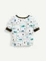 Cozy Cub Baby Boy Snug Fit Pajama 4pcs/Set With Letter Print Contrast Color Round Neck Short Sleeve Top And Pants