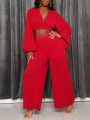 SHEIN Slayr Solid Color V-neck Cropped Top And Wide Leg Pants Two Piece Set